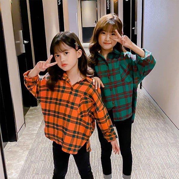 子供服 シャツ 長袖 チェック柄 カーディガン 女の子 春服 レジャー カジュアルキッズ トップス オレンジ グリーン ゆったり 【楽ギフ_包装】 子供服 長袖 シャツ 110cm 120cm 緑色 チェック柄 グローバルワーク
