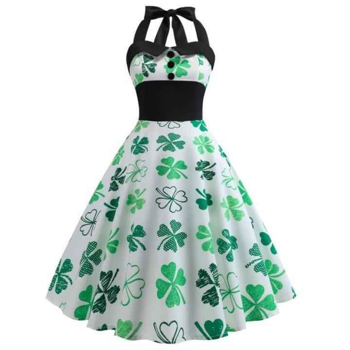 激安正規品 レトロワンピース パーティードレス四つ葉のクローバー柄ホルターネックワンピース レディースフレアワンピース フォーマルドレス宴会礼服 仮装全店二点