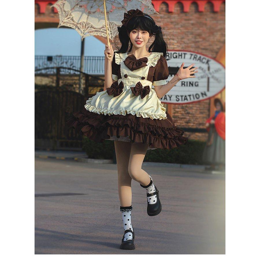 まとめ買い】 メイド ワンピース ハロウィン仮装メイド服 ゴスロリ フルセット コスプレ衣装レディース コスチューム ロリータ 4点セット コス可愛い  メイド服