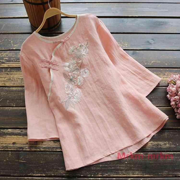 花柄刺繍斜襟シャツブラウス森ガールレディース夏七分袖丸首