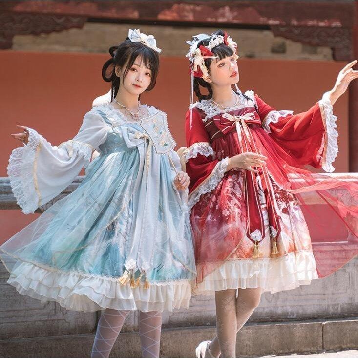 ロリータドレス ワンピース ゴシック ロリータ服 ゴスロリ ロリータ服 長袖 スカラップ 膝丈メイド服 スカラップ 中華 お姫様 ドレス 裾フリル スカラップ レースリボン ドラゴンストア コスプレ Lolita Partingchudong Mrkgea 低価格超特価ランキング 1位