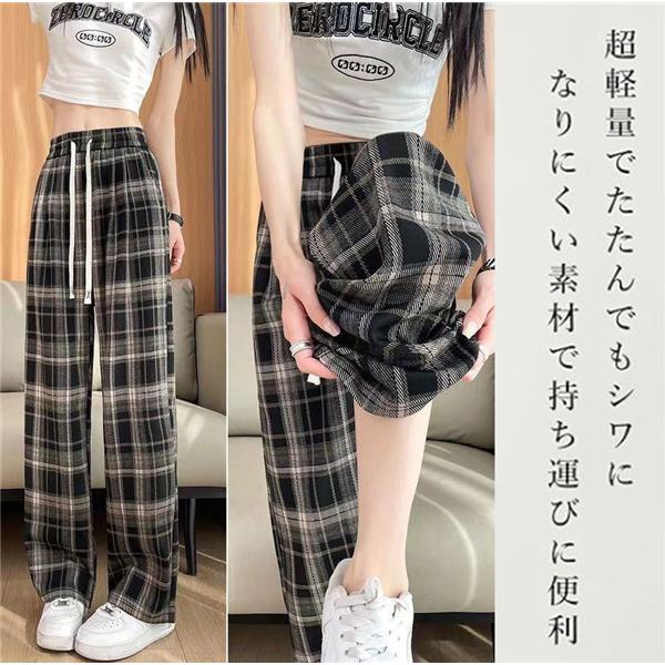 ガウチョパンツ レディース ワイドパンツ チェック柄 ウエストゴム