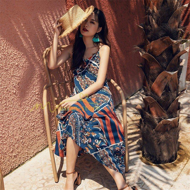 ワンピース リゾートワンピ キャミソール ビーチワンピ ノースリーブ ボヘミア風 ハイウエスト 旅行 花柄 柄ワンピース マキシ丈 復古風 お取り寄せ