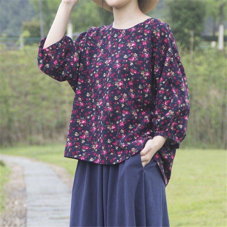 ブラウス 花柄シャツ トップス シャツブラウス 7分丈袖 レディース 花柄 柄 Uネック 綿麻 綿 コットン 前後差 柔らか 通気性 シンプル 最低価格の