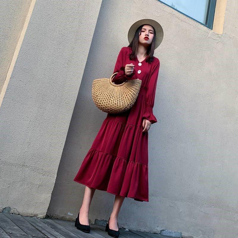 通販 Vネック ミモレ丈 マキシ丈 ロングワンピース レディース マキシワンピース フレアワンピース ワンピース 無地 体型カバー 着痩せ シフォン 長袖 ワンピース サイズ 2xl Www We Job Com