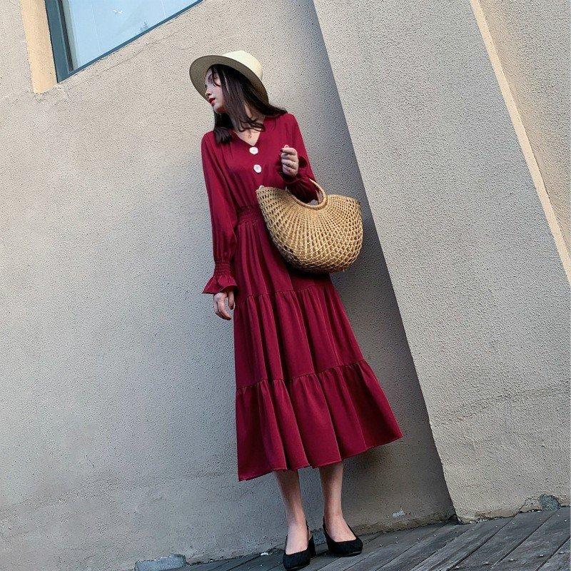 通販 Vネック ミモレ丈 マキシ丈 ロングワンピース レディース マキシワンピース フレアワンピース ワンピース 無地 体型カバー 着痩せ シフォン 長袖 ワンピース サイズ 2xl Www We Job Com