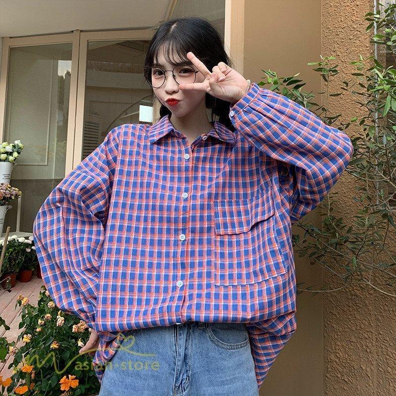 ワイドシャツ レディース 長袖 カジュアルシャツ 韓国風 チェック柄 秋服 ライトアウター シャツ トップス 女性着 可愛い ゆったり 日常感 15秋冬新作