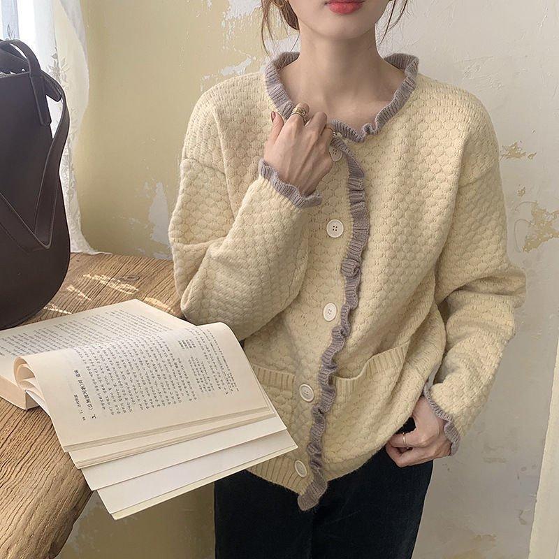 カーディガン トップス レディース ニット ニットカーディガン セーター コーディガン 無地 長袖 秋 フリル 前開き ショート丈 アウター 羽織り 1年保証