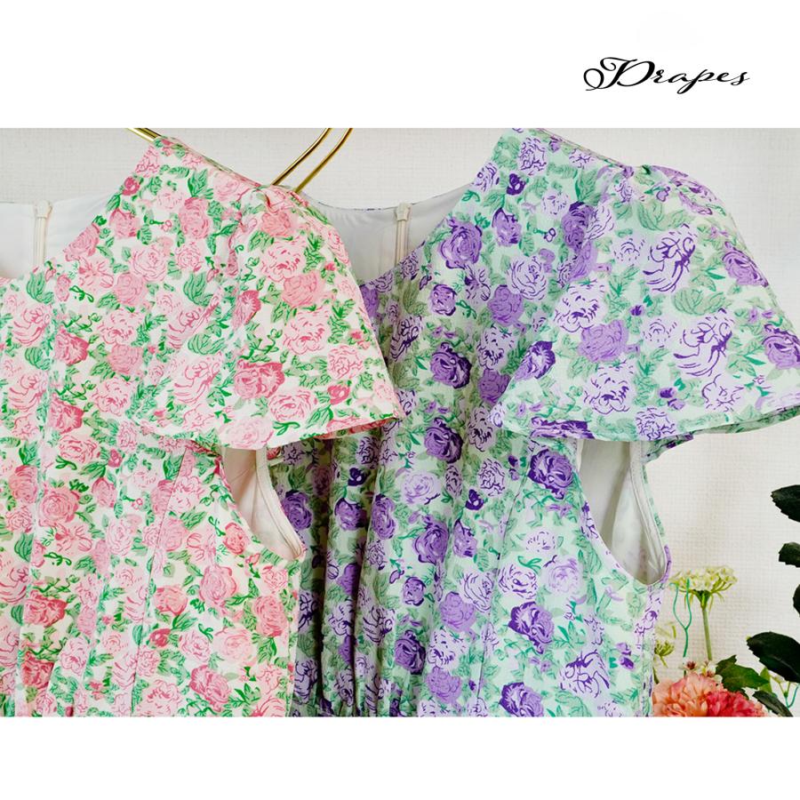 日本製 花柄ロングワンピース お呼ばれ お出かけ 上品 ひざ下ミモレ丈