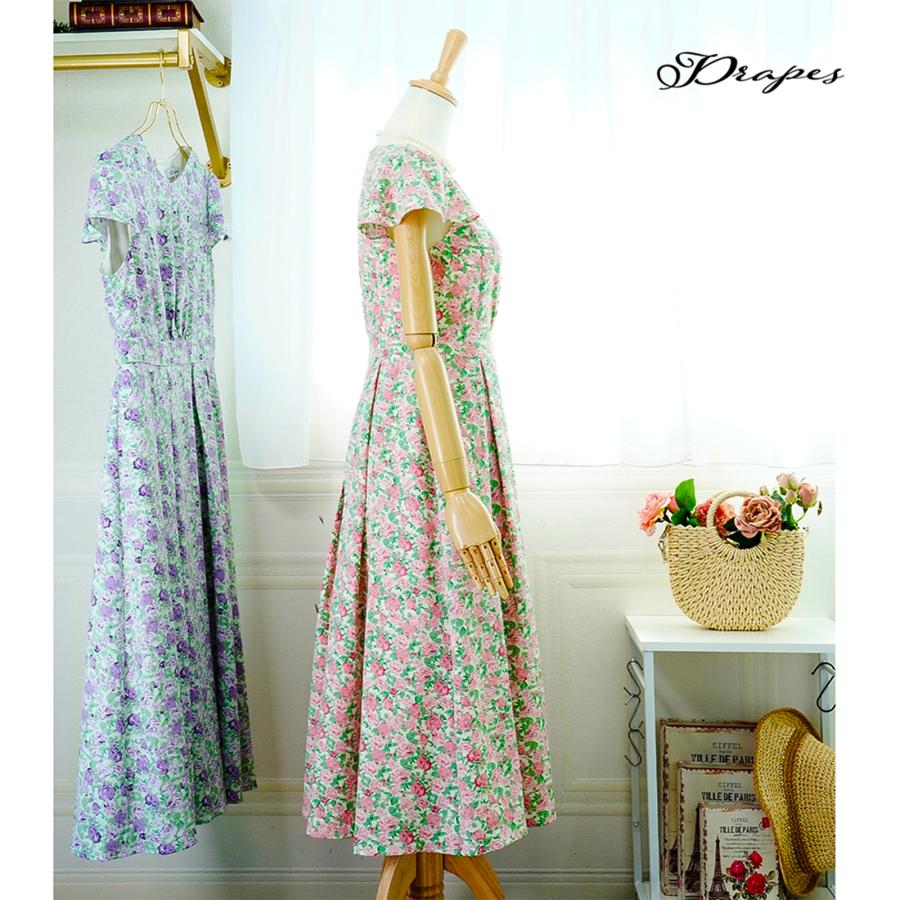 日本製 花柄ロングワンピース お呼ばれ お出かけ 上品 ひざ下ミモレ丈  