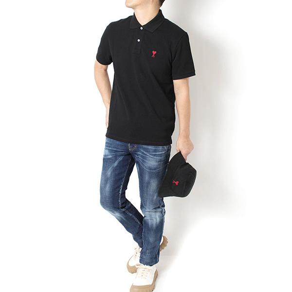 26SSモデル アミ アレクサンドル マテュッシ AMI Alexandre Mattiussi AMI DE COEUR 鹿の子ポロシャツ【001 BLACK】 BFUPL001.760 001/【2026SS】m-tops