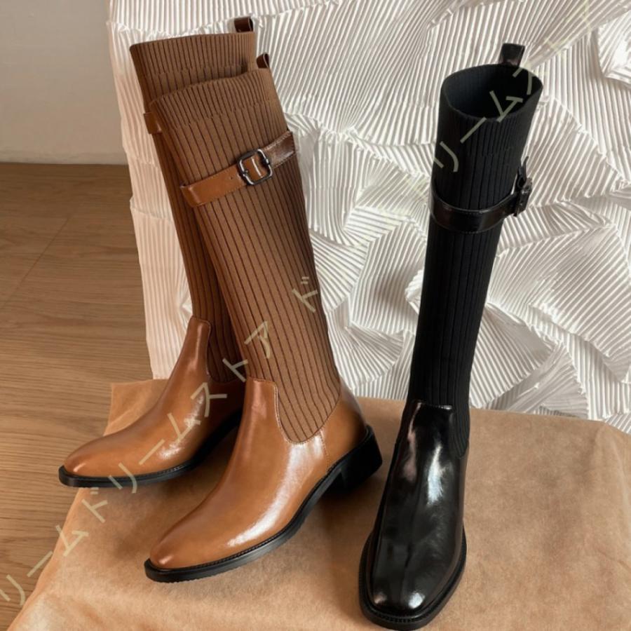 大幅値引き中 ストレッチブーツ レディース ニット ロング ブーツ ジョッキー ブーツ エンジニアブーツ スクエアトゥ 黒 オシャレ 茶 ローヒール チャンキーヒール 割引オンラインストア Www Superavila Com