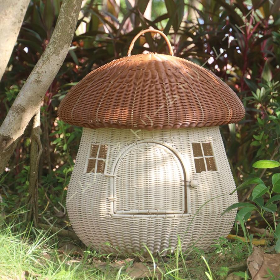 ペットベッド 藤編み ラタン ドーム型 ペットハウス 通気性抜群 夏用 涼しい ござ付き クッション付き 天然素材 猫ちぐら 猫ネスト 手編み 細工品 小型犬 クッション付き