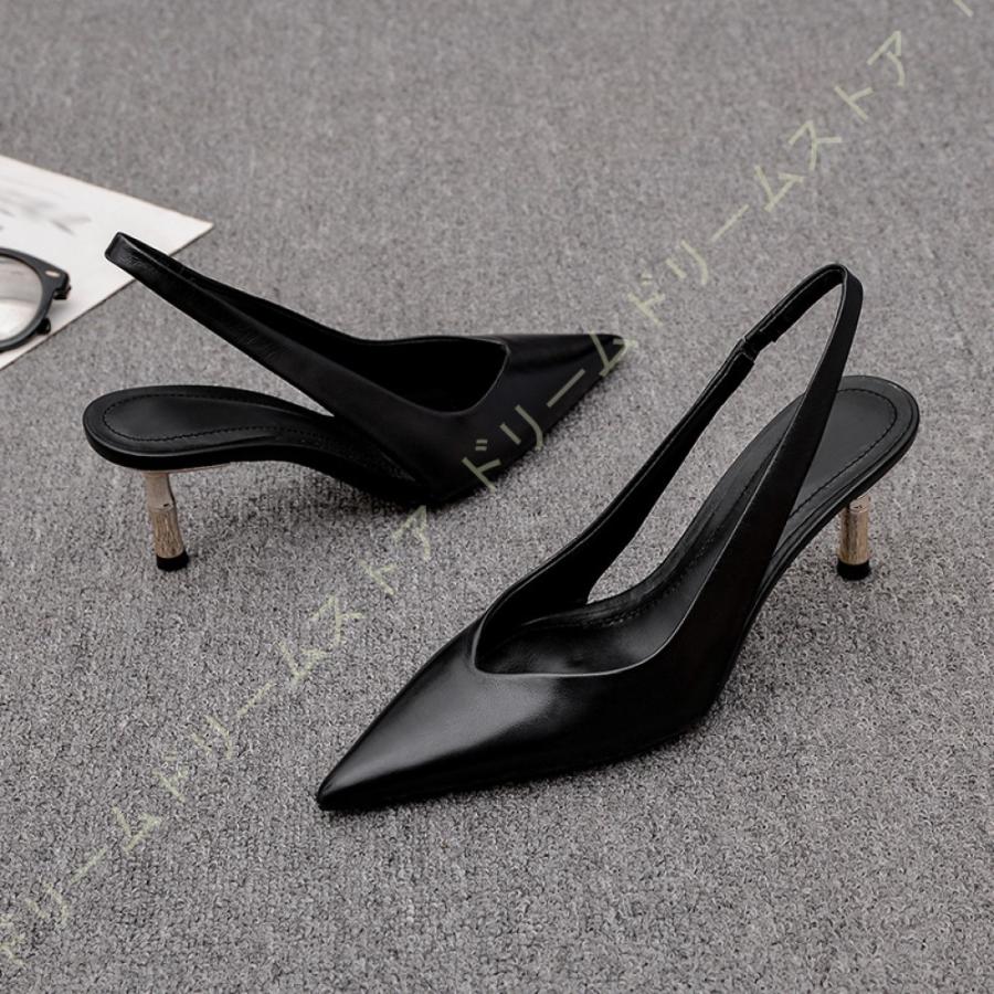 愛用 バックストラップ ポインテッドトゥ 6.5cm ファッション 幅広 黒色 小さいサイズ 大きいサイズ 靴 レディース 痛くない ミドルヒール  パンプス ヒール パンプス サイズ:24.5cm