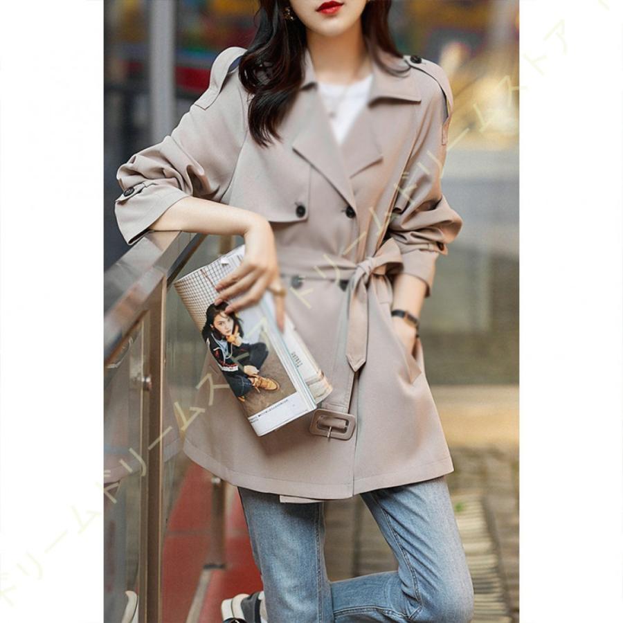 トレンチコート レディース ショート 厚手 aライン ベルト付き ダブルボタン 無地 おしゃれ 秋冬 アウター スプリングコート 就活 ビジネス 定番 通勤 結婚式
