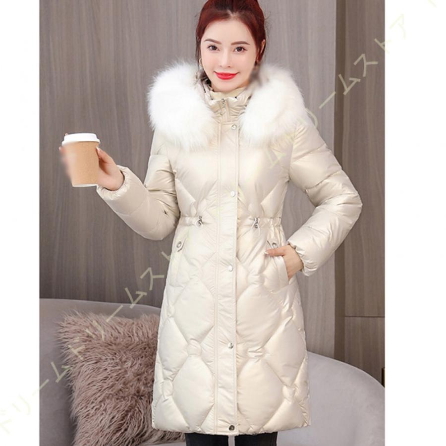 ダウンジャケット レディース ダウンコート 中綿 ロング丈 アウター レディースコート ミドル丈 フード付き 厚手コート ファー付き 無地 暖かい 軽量 防風 即日発送
