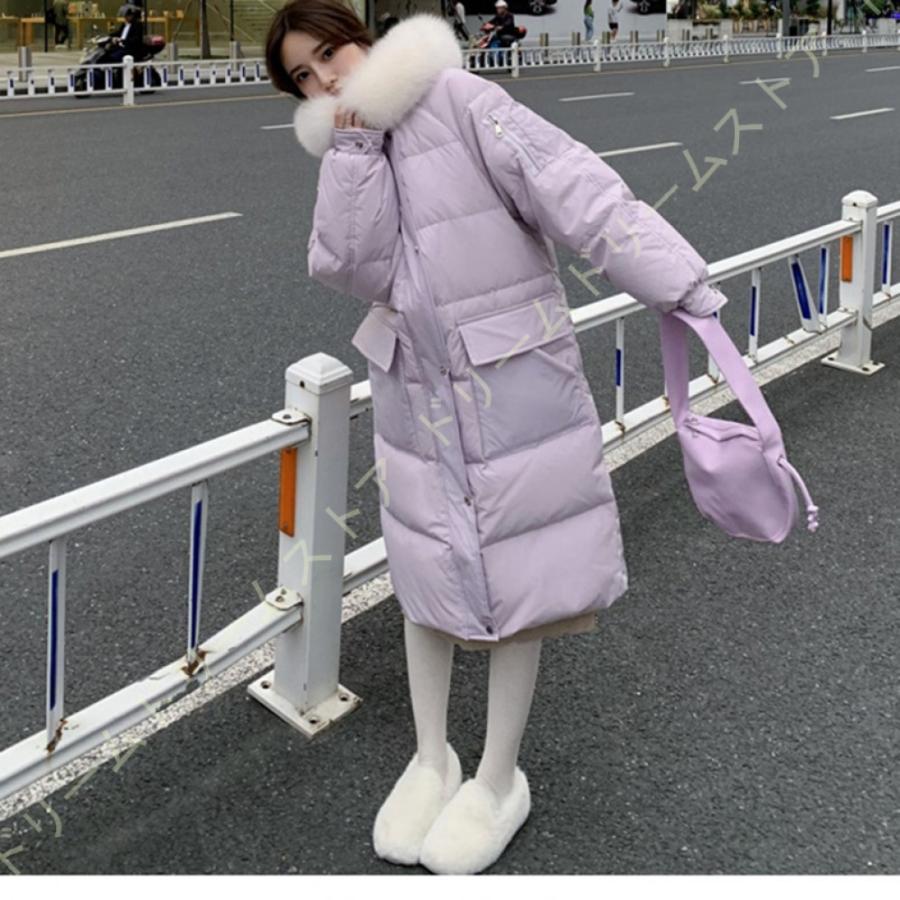 限定製作 マキシ丈 厚手 カジュアル フード付き レディース ダウンコート 立て襟 着痩せ 軽量 あったか ゆったり リアルダウン ファー付き 無地 ファスナー ダウンコート サイズ L