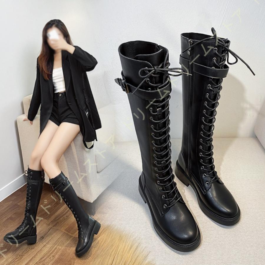 最大76 Offクーポン ジョッキーブーツ ロングブーツ レディース レースアップ 編み上げブーツ ロング丈 ニーハイブーツ ラウンドトゥ ミリタリー ブーツ フラット ハロウィン
