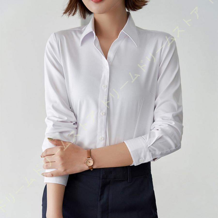 襟付き シャツ ストレッチ レディース 開襟 長袖 ブラウス ワイシャツ 事務服 オフィス 白シャツ オシャレブラウス ビジネス ブラウスレディース 面接