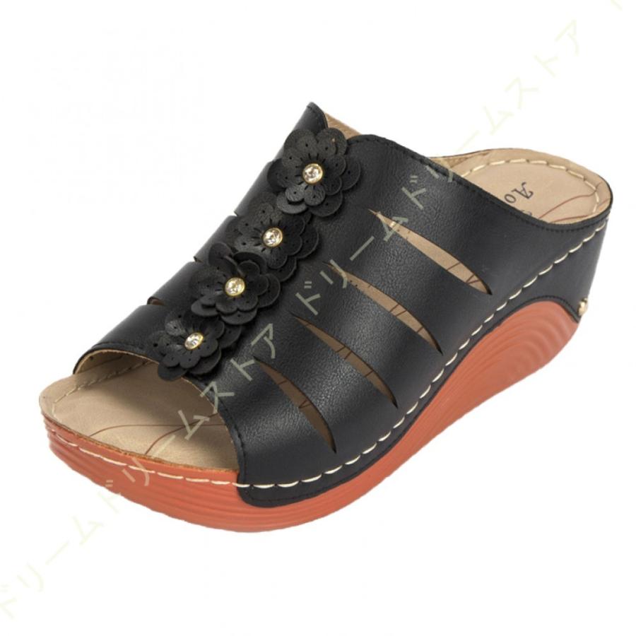 厚底サンダル ミュール ヒール ウエッジソール かわいい おしゃれ レディース シンプル おしゃれ 花飾り 蒸れない 美脚 歩きやすい 疲れない オフィス 通勤