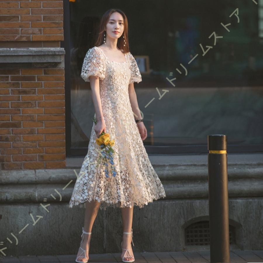 ミモレ丈 ウェディングドレス シースルー 発表会 コンサート ロングドレス エレガント 花嫁ドレス 忘年会 結婚式 女性 袖あり Aライン 着痩せ 春 秋 シンプル