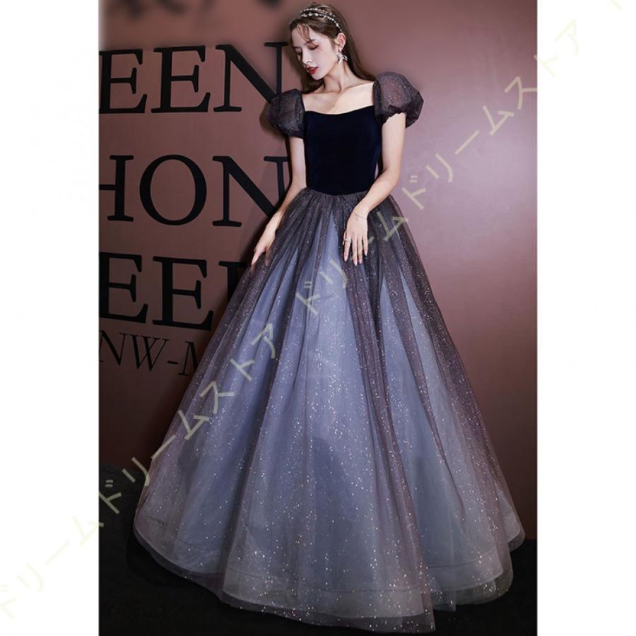 キラキラ イブニングドレス コンサート 女性 ロング丈 袖あり 忘年会 フォーマル プリンセスライン 着痩せ ワンピース ゴージャス 春 夏 秋 演出舞台