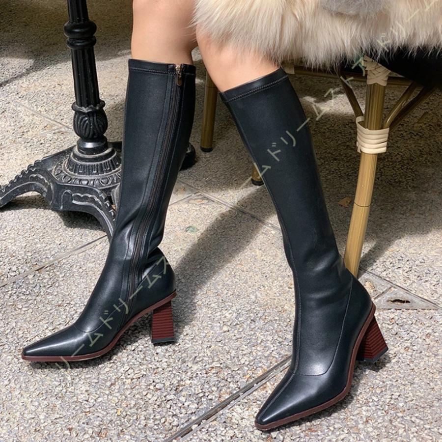 新商品 ジョッキーブーツ 本革 サイドジッパー チャンキーヒール ブーツ ロング丈 防寒 ポインテッドトゥ ロングブーツ 小さいサイズ ストレッチブーツ 疲れにくい 激安単価で Skylanceronline Com