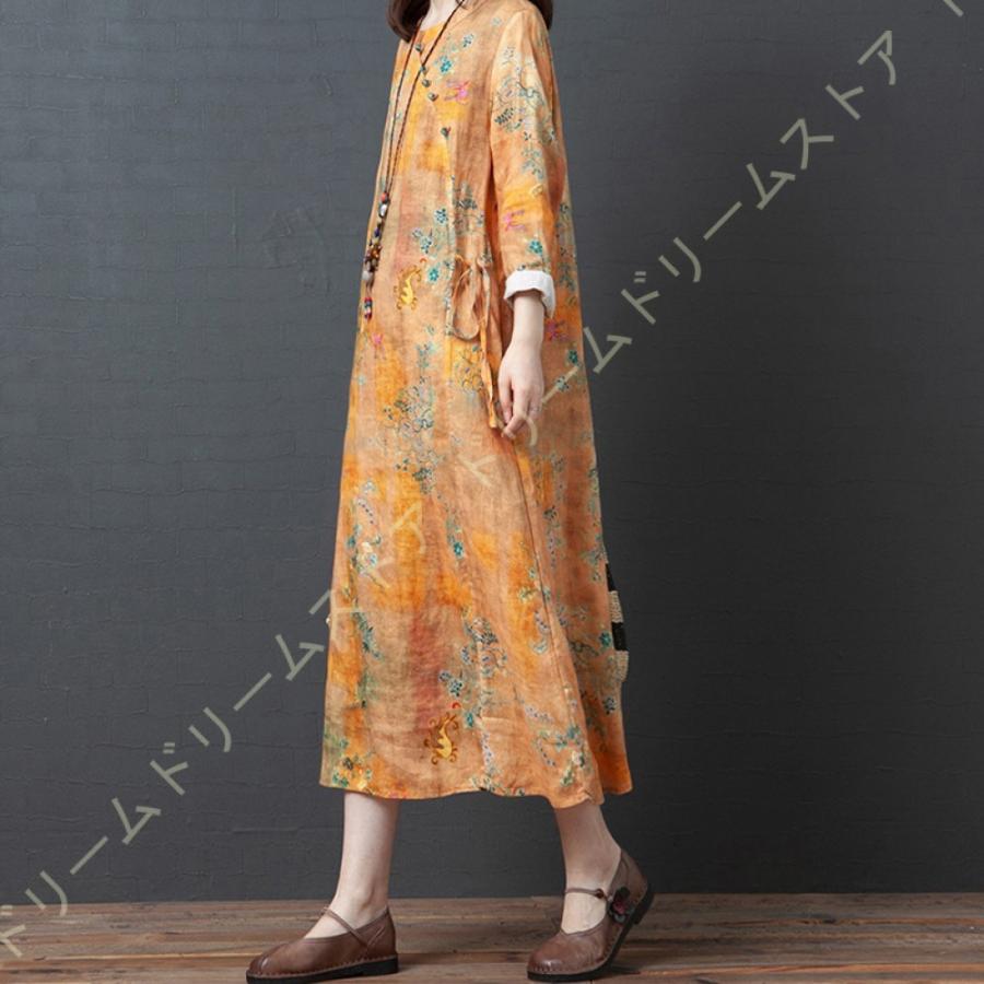 レディース ファッション 亜麻ワンピース Aライン 着痩せ ゆったり 体型カバー リネン 長袖 春夏 カジュアルワンピース ロング ドレス 花柄 リネン ワンピース 15秋冬新作