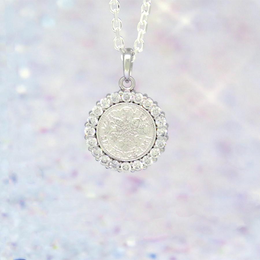 アクアシルバー幸せの6ペンスコインペンダントヘッド