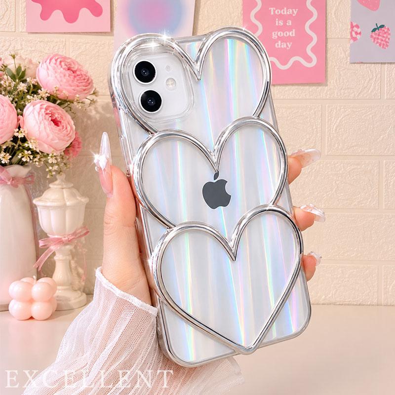 iphone12ケース 韓国 ハートスマホケース かわいい スマホ 大人気 iPhone iPhone16 キラキラ3連ハート iPhone15ケース iPhone16e 韓国