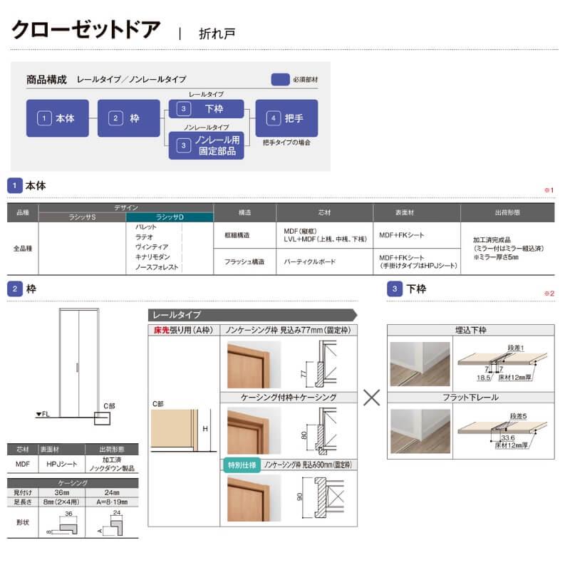 【オーダーサイズ 】クローゼット扉 ドア 6枚折れ戸 ラシッサD キナリモダン レールタイプ LAA ケーシング付枠 W1845〜2746×H1545〜2023mm ミラー付/無 DIY_4