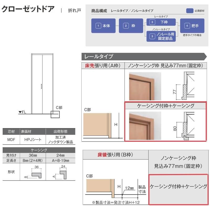 クローゼットドア 2枚 0720/08M20 ラシッサD ノースフォレスト 折れ戸 レールタイプ ANCF-LAA ケーシング付枠 把手 LIXIL ミラー付/なし 折戸 リフォーム DIY_4