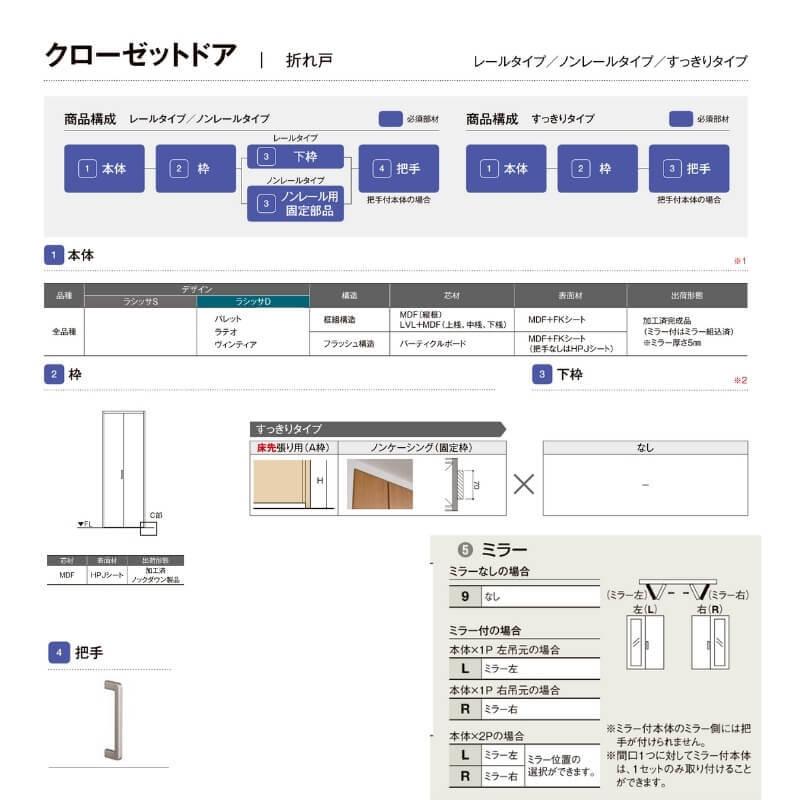 オーダーサイズ　リクシル　ラシッサS　クローゼットドア　ノンケーシング枠　ラシッサS　すっきりタイプ　ミラー付　2枚折れ戸　W517〜917mm×H1518〜2425mm　LAA