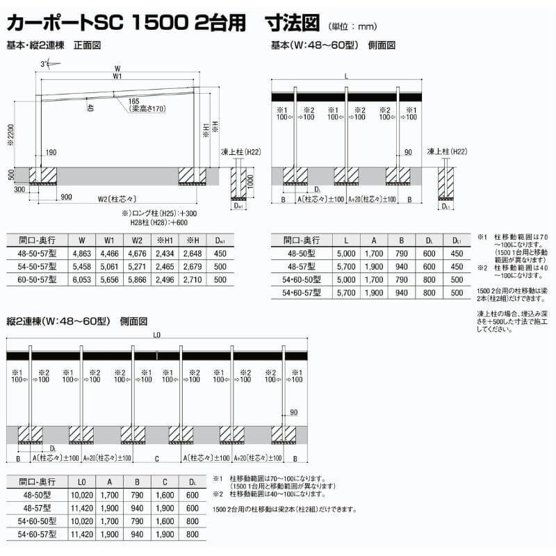 カーポート 4台駐車場 W5458×L11420 カーポートSC1500 2台用(縦2連棟) 54-57型 アルミ形材屋根材 リクシル/LIXIL 駐車場 車庫 ガレージ 本体 おしゃれ｜dreamotasuke｜04