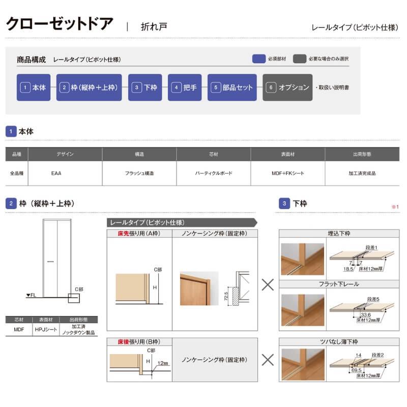 【オーダーサイズ 】TA クローゼットドア 折れ戸2枚 ノンケーシング枠 レールタイプ(ピポット仕様)/EAA(パネルタイプ)  W545〜942mm×H1545〜2023mm LIXIL DIY