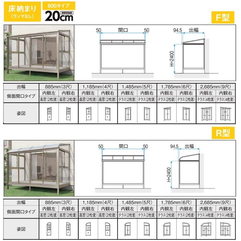 サンルーム　テラス囲い　リクシル　関東間　床納まり　600タイプ(耐積雪強度20cm)　サニージュ　間口1.0間1820mm×出幅3尺885mm　一般地域用　ランマなし　LIXIL