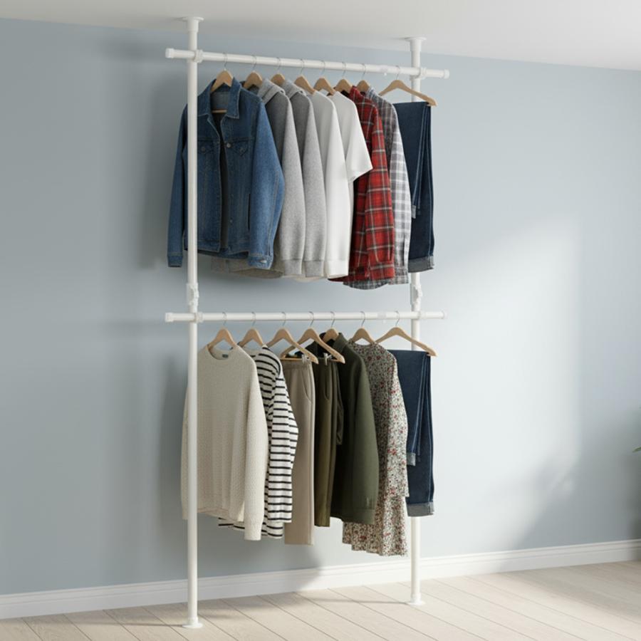 再入荷】【簡単設置】ワンタッチ式突っ張りポールハンガーラック 2段