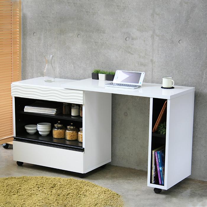 ホワイト木製キャスター付き収納カウンター キッチンカウンター キッチン収納棚 完成品 木製 おしゃれ キッチン