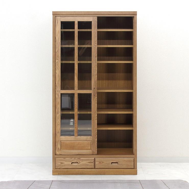本棚 書棚 収納棚 完成品 木製 幅90cm 引き戸 ガラス 扉付き 本棚 書棚 収納棚 完成品 木製 幅90cm 引き戸 ガラス 扉付き