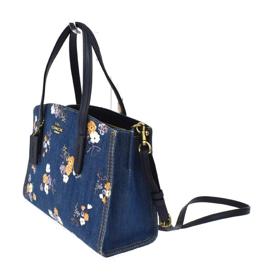 美品　COACH　コーチ　2way　デニム × レザー　ショルダーバック　花柄 COACH コーチ ハンド ショルダーバッグ 2WAY デニム 花柄 ネービー