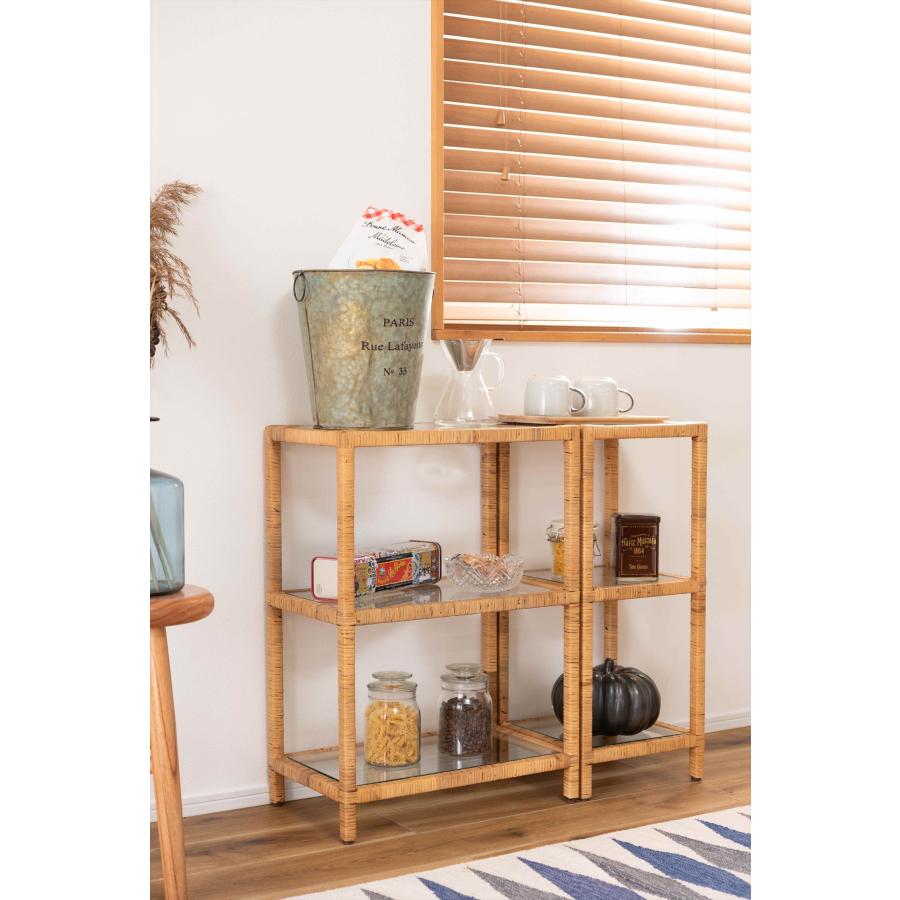 ガラスシェルフＷ シェルフ ガラス ラタン 籐 クリア 収納 収納棚 ラック オープンラック 3段 三段 見せる収納 シンプル 北欧 ナイトテーブル 強化ガラス |  | 10