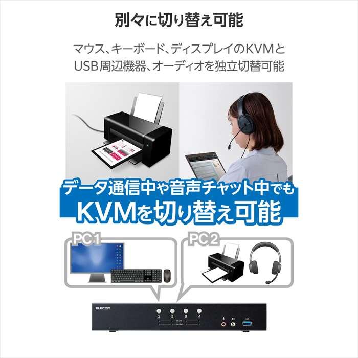 代引不可 切替器 パソコン切替器 KVM DP・4ポート エレコム KVM-NDUS4の画像