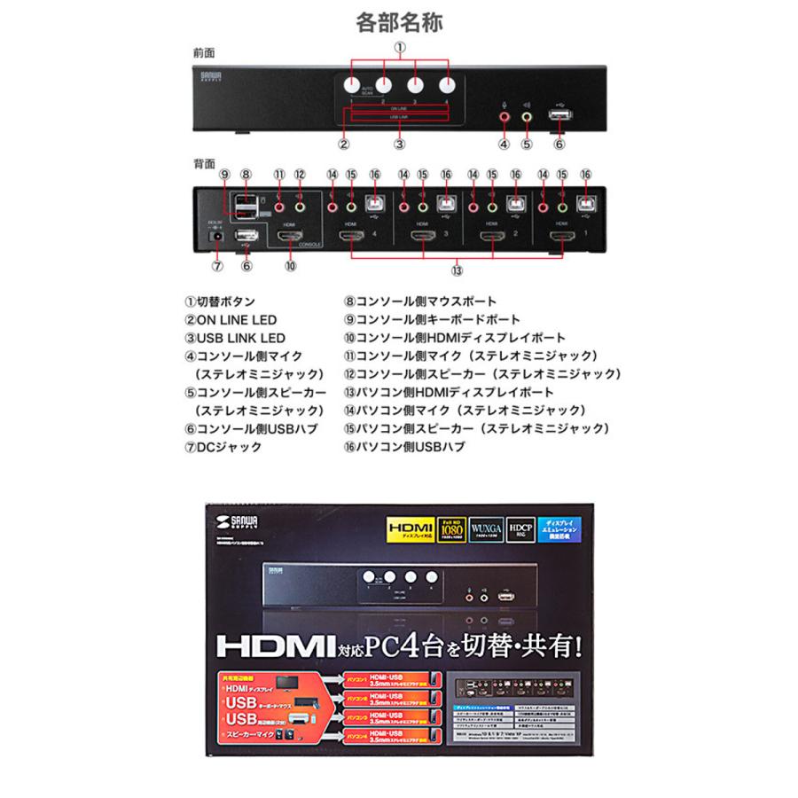即日出荷 代引不可 パソコン自動切替器 HDMI対応 PC4台を切替・共有 WUXGA フルHD 対応 USB2.0ハブ 4ポート 搭載 サンワサプライ SW-KVM4HHCの画像