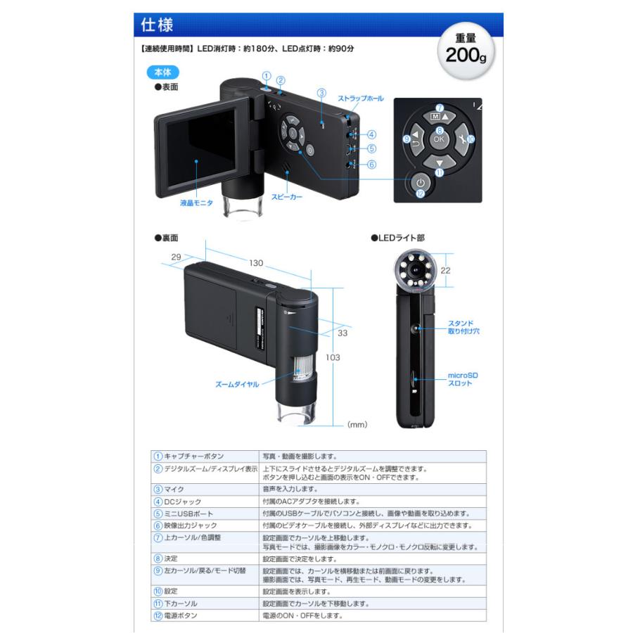 代引不可 顕微鏡 デジタル ハンディ 光学倍率300倍 LEDライト 液晶モニタ 充電 片手操作可能 デジタル顕微鏡 サンワサプライ LPE-05BKの画像