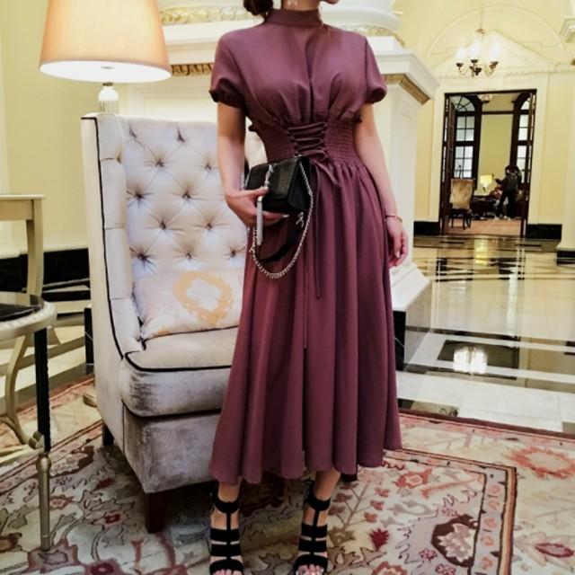 ワンピース ミモレ丈 コルセット レースアップ パフスリーブ ハイネック 韓国 上品 エレガント パーティー Mme3115 Mme3115 Dress Bird 通販 Yahoo ショッピング