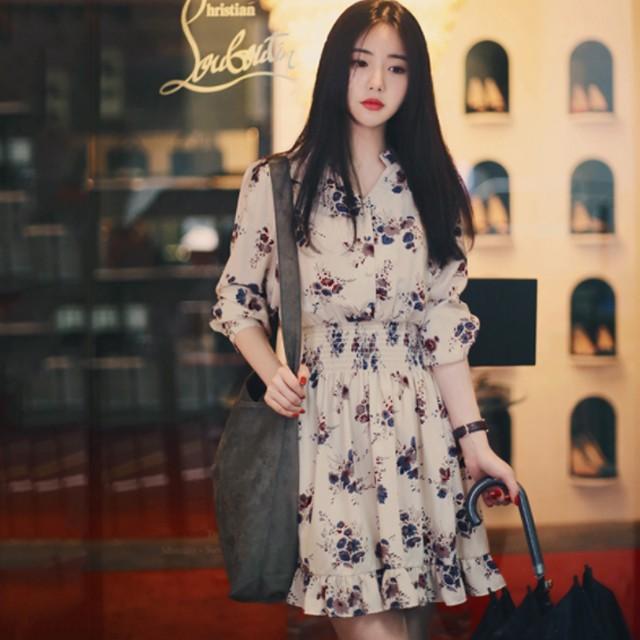 ワンピース 花柄 Vネック ハイウエスト ミニ丈 フレア Aライン フリル シャーリング 韓国 レトロ オールシーズン Mme3164 Mme3164 Dress Bird 通販 Yahoo ショッピング