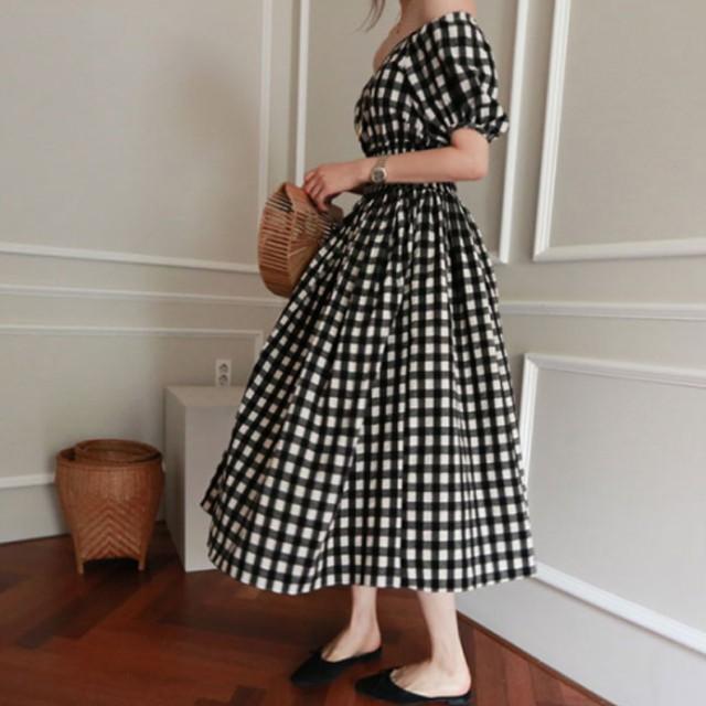 ワンピース ギンガムチェック 2way オフショルダー スクエアネック パフスリーブ ミモレ丈 フレア フェミニン 韓国 Mme3186 Mme3186 Dress Bird 通販 Yahoo ショッピング