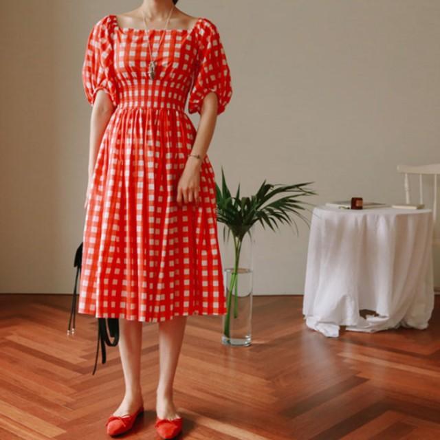 ワンピース ギンガムチェック 2way オフショルダー スクエアネック パフスリーブ ミモレ丈 フレア フェミニン 韓国 Mme3186 Mme3186 Dress Bird 通販 Yahoo ショッピング
