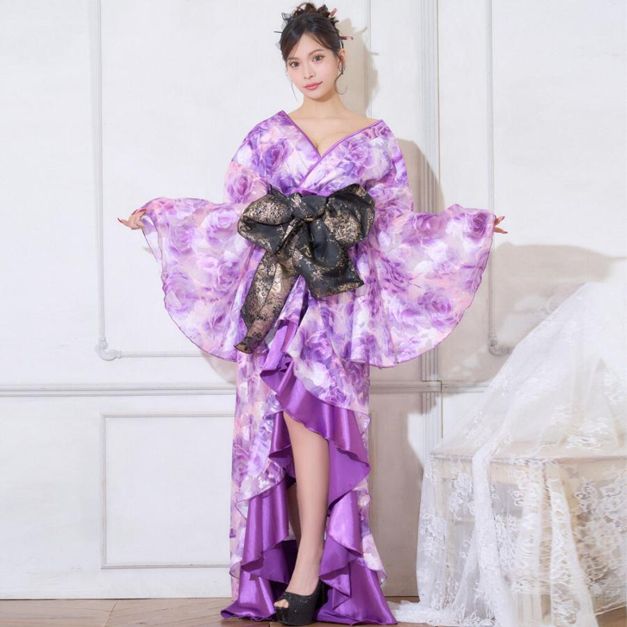 ♡紫♡花柄 浴衣ドレス 帯 ヘッドドレス付き！サイズM〜L ♡紫♡花柄