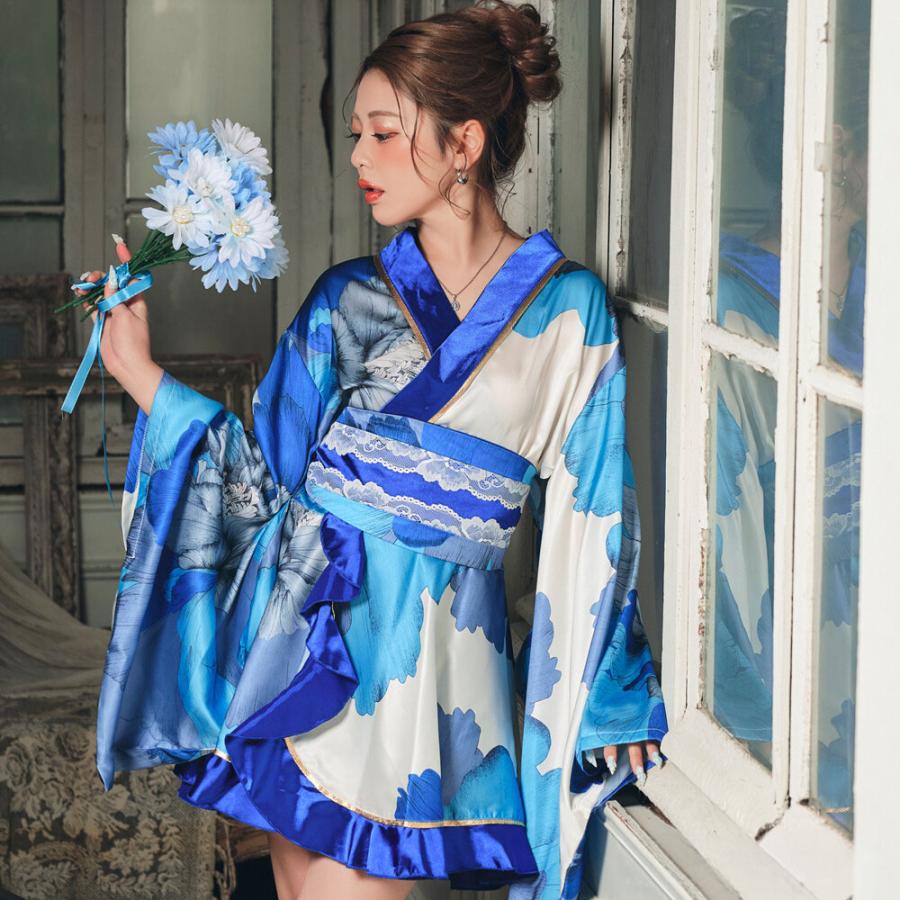 花柄着物ドレス（青色・白色） 花魁 着物ドレス キャバドレス ミニドレス 和柄ドレス コスプレ衣装